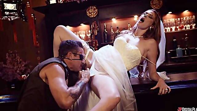 Slutty as hell redhead bride Elly Clutch fucked at the bar stand