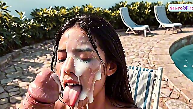Pool party beauties share big cock and get covered in cum