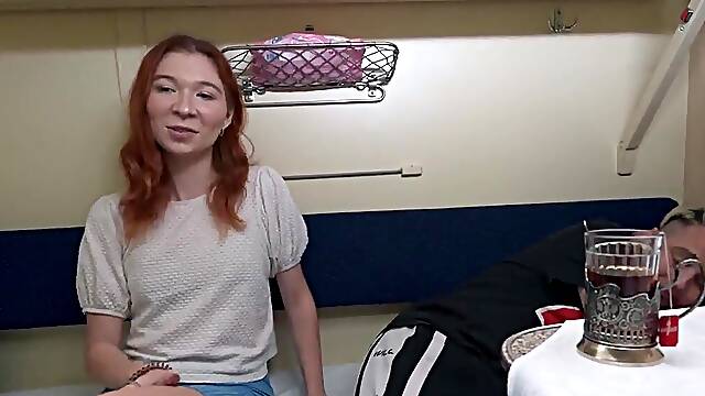Sweet redhead teen cheats on her cuckold BF on the train
