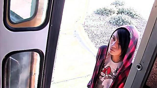 Tattooed twink Roxy Red rides hard bus drivers dick bareback