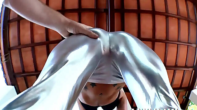 Tattooed blonde in spandex leggings gets fucked anally POV