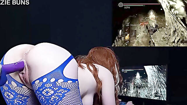 Redhead gamer girl challenged by Dark Souls fuck machine