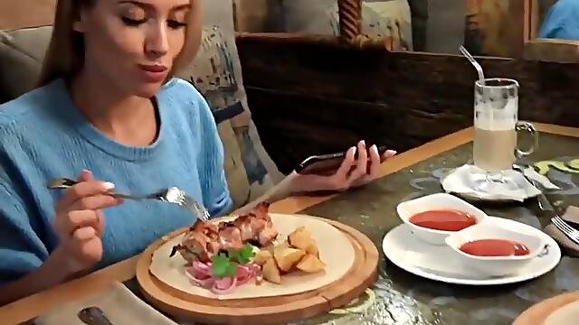 Public Blowjob Under The Table In The Restaurant. Cum in Mouth.