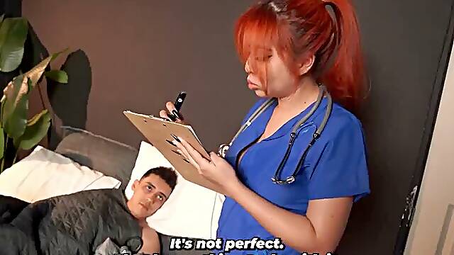 The patient with a huge penis - physical exam by the redheaded doctor with huge breasts