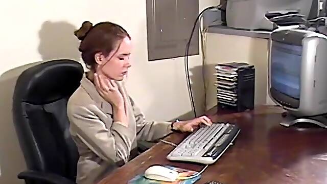 Secretary lets her hair down to tease her perky tits