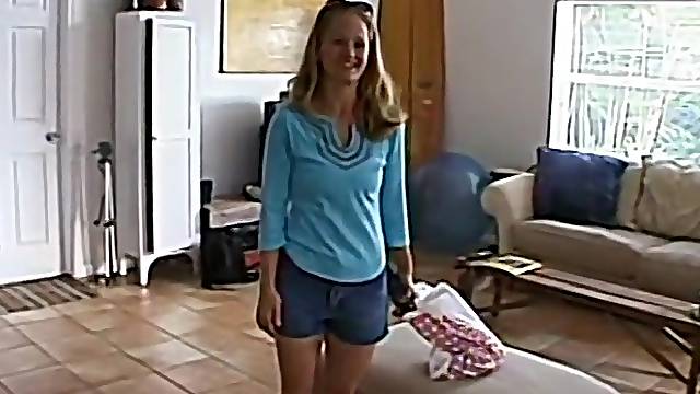 Adorable blonde amateur blonde gets right to playing with her hairless pussy