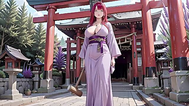 Red-haired Kimono Dominant-bitch! Kneeling Underneath the Sacred Torii Gate, This babe Adjusts Her Wet Backless Outfit with a Shy Gaze.
