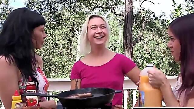 Bushy lesbo Iron has sex with her 2 girlfriends