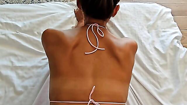 Stranger in a Pink Swimsuit Passionately Pushes Herself on a Cock