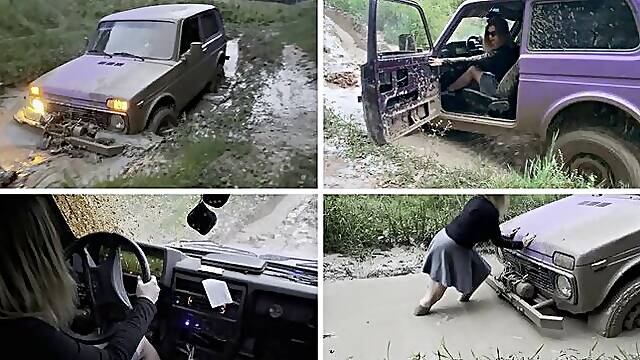SEXY PREMIERE: SEXY GIRL STUCK HARD IN DEEP MUD DRIVING LADA NIVA