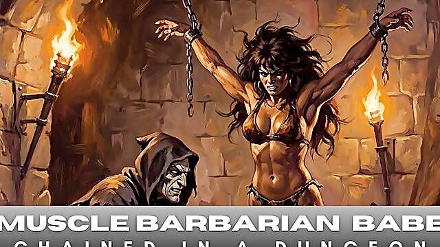 Muscular Barbarian warrior woman is suspended and stetched in bdsm bondage by evil monk