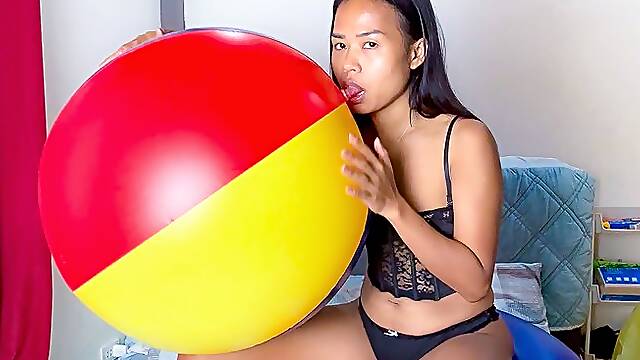 Looner Camylle Sensually Blows Up 2 Of Your Big Beachballs Then Rides And Deflates Them