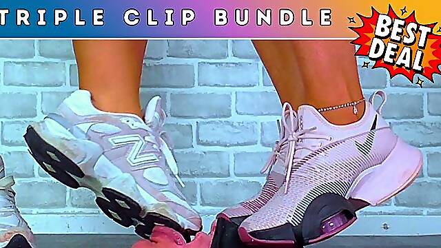 Goddess Amber & Miss Lucy - Stomping Your Face & Edging Your Cock Under Our Sweaty Gym Trainers (227A) - Triple Bundle 2 - Face Trampling Shoejob