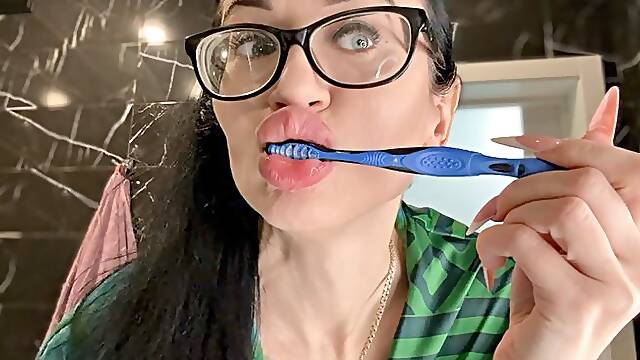 Brushing my teeth, silk robe and bra on me, glamour MILF with glasses and big lips