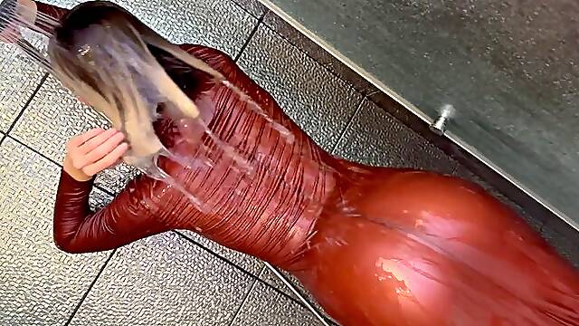Wetlook in Very Tight Latex Leather Dress! With Heels!