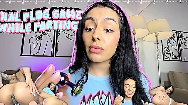Anal plug game while farting