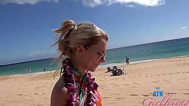 Sweet blonde girl Riley Star takes off her summer dress in the room