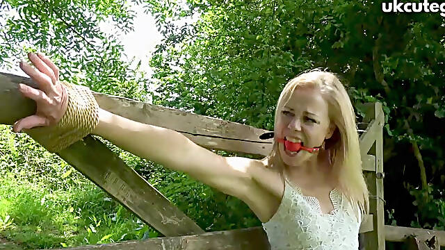 Damsel Tied to Gate Crucifix Bondage & Ballgagged