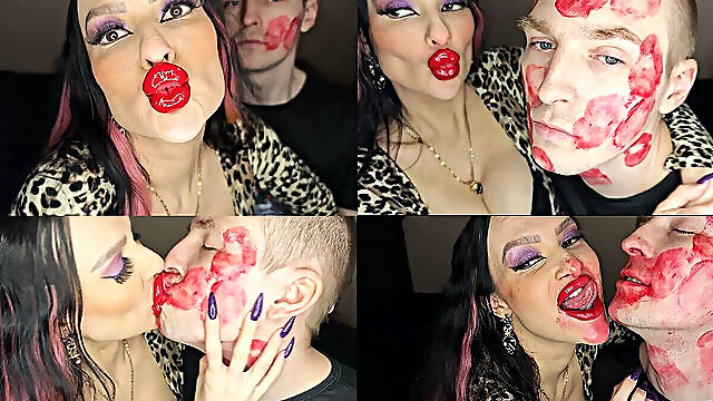 Juicy Sticky Loud Aggressive Kisses All Over a Guy's Face with Red Lipstick