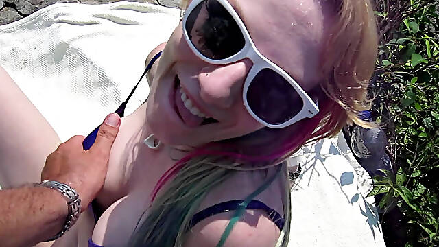 Gorgeous Blonde Gets Nude Outdoors and Gives Handjob
