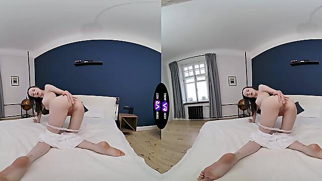 Skinny brunette teen Dakota Doll masturbates on the bed in hd peaches