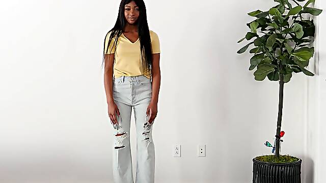 Hot ass ebony Mella drops her thong to be fucked balls deep